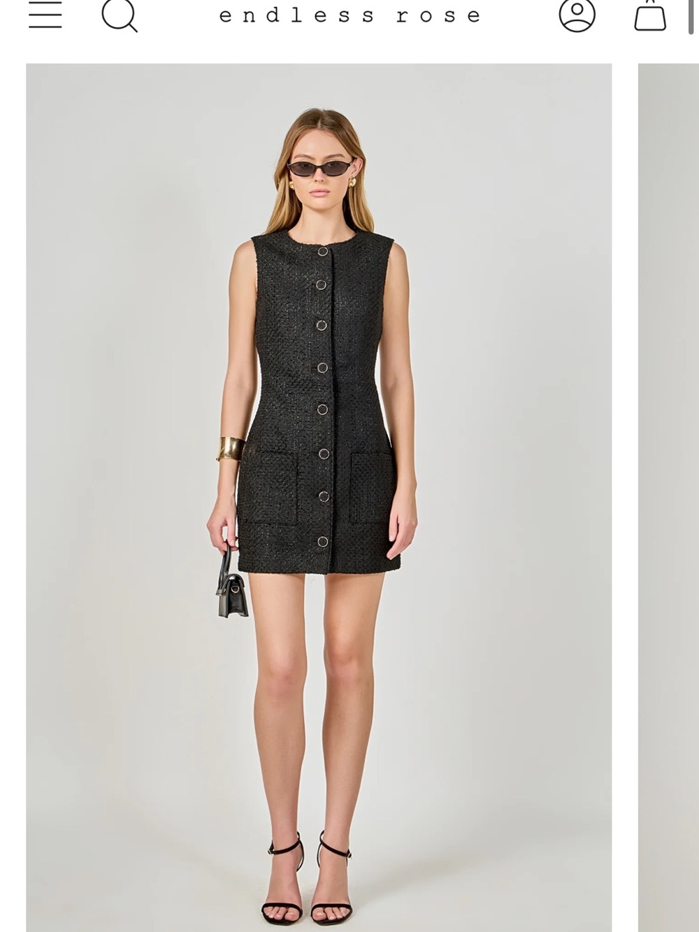 Endless Rose Black Sleeveless Tweed Button-Front Mini Dress